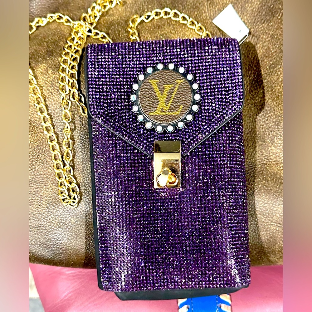 NWT Sandra Ling Small Purple Rhinestone and Gold Chain Bag